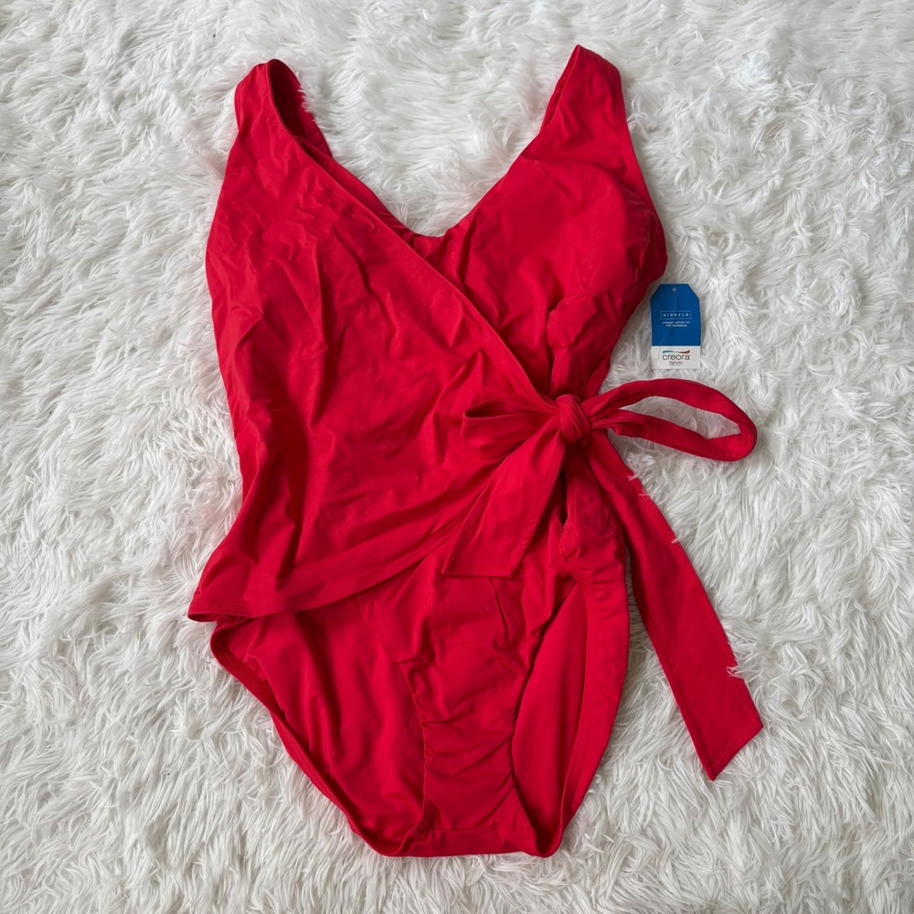 NWT Lands End Red Wrap One Piece Swimsuit Women Size 12 Creora Highclo Tie Side